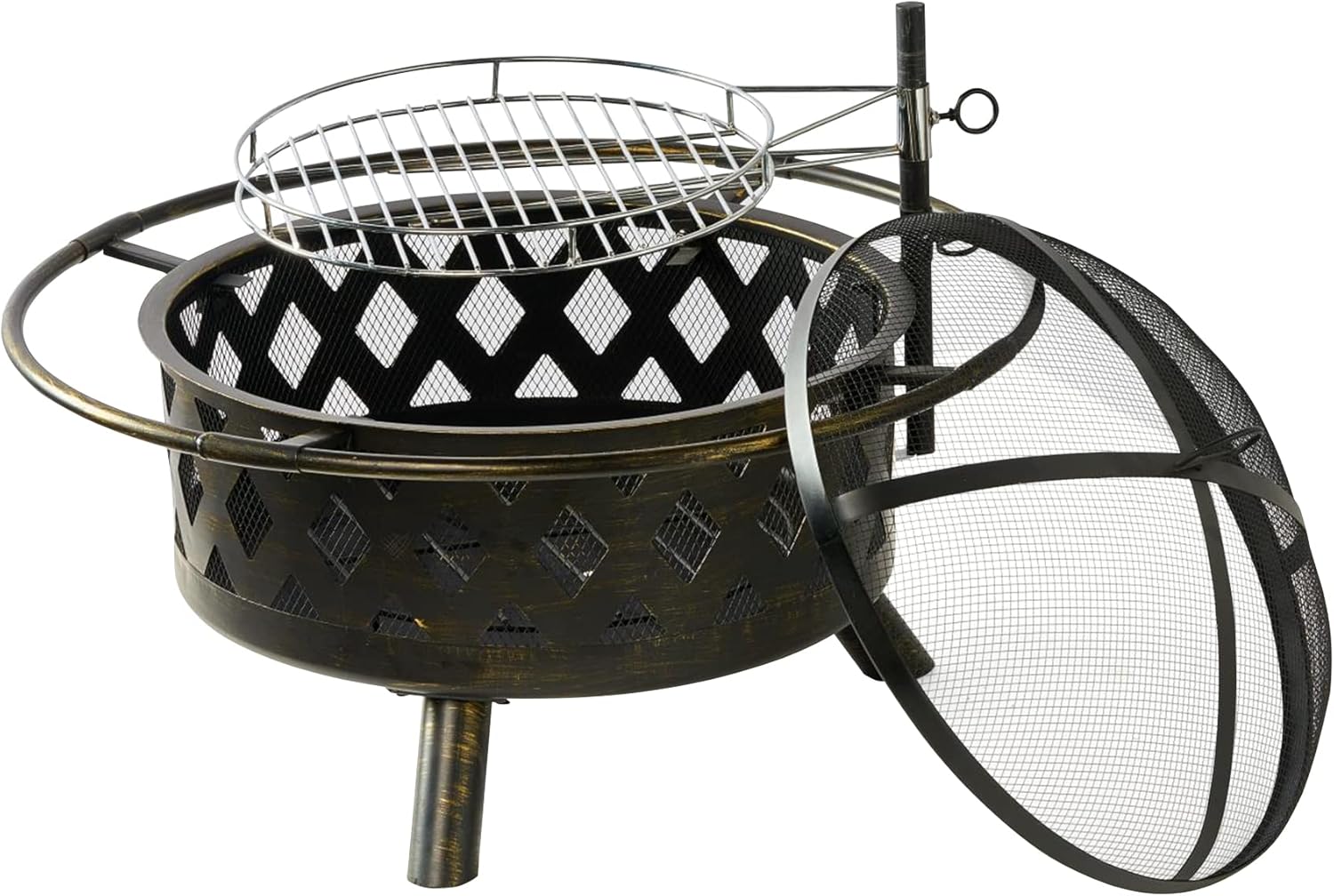 2in1 Fire Pit with Cooking Grate, Outdoor Fire Pits Wood Burning Firepit Steel BBQ Grill Fire Bowl with Spark Screen, Round Fireplace Cover for Outside Backyard Garden Bonfire Patio