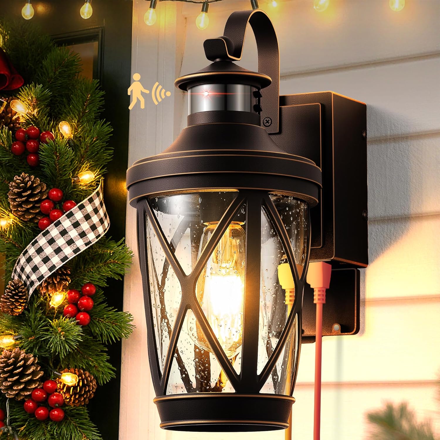 Motion Sensor Porch Light with GFCI Outlet, Oil Rubbed Bronze Outdoor Light with Outlet, Exterior Wall Lights Wall Mount, Anti-Rust Front Porch Light Fixtures, Waterproof Garage Lantern Lights