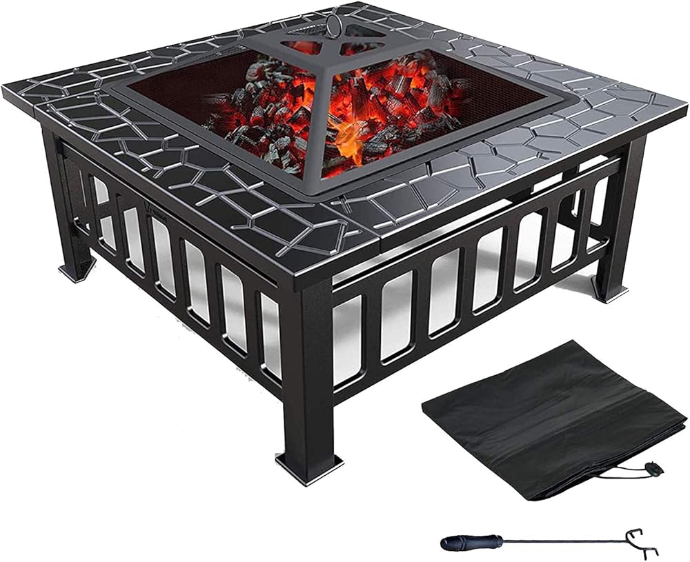 Square BBQ Firebowl,with Spark Screen Poker Waterproof Cover Fire Pit,30 Inch Wood Burning Firepits