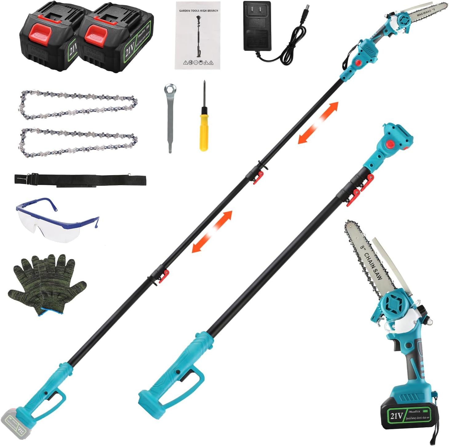 2-in-1 Cordless Pole Saw, Mini Brushless Electric Chainsaw with Max 13FT Extension, Auto Oiler & Safety Switch for Tree Trimming Branches, Includes 2×21V 1500Ah Batteries