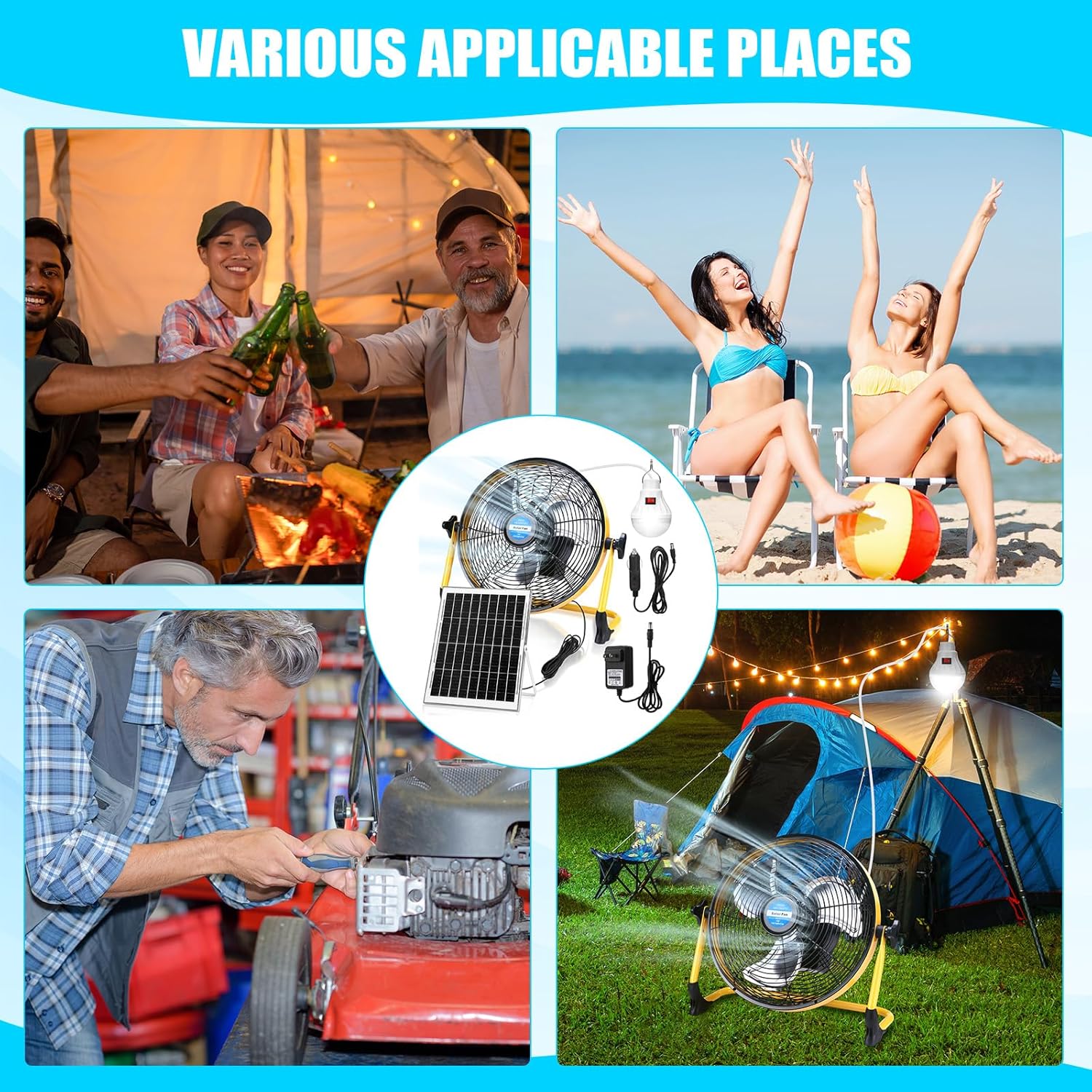 Sumind 12 Inch Solar Powered Fan 15000mah 20w Portable Ventilador Rechargeable Camping Fan Battery Powered with Panel and Light for Outside, Home, Travel, Chicken Coop, Shed, Greenhouse