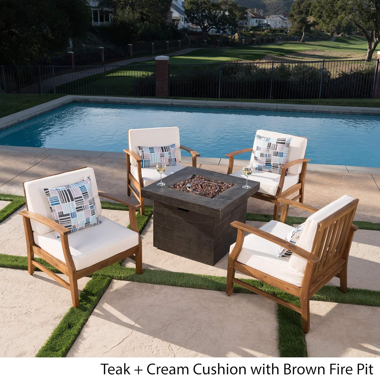 GDFStudio Outdoor 4 Seater Teak Finished Acacia Wood Club Chairs with Cream Water Resistant Cushions & Brown Fire Pit