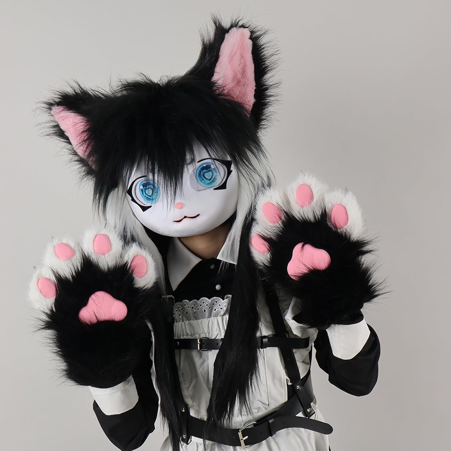 Cat Paw Mittens Gloves Furry Shoes Fursuit Animal Head Mask Halloween Masquerade Costume Accessories Set