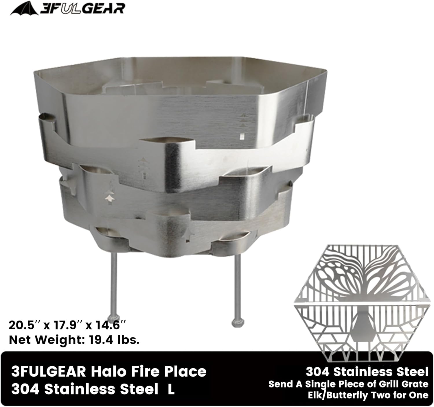 Fire Pit, Halo Fire Place Outdoor Portable Wood Fire Pits Includes A Grill, A Bag, Hexagonal Fireplace for Patio Camping Gift (Stainless Steel Firepit with a Grill, Large)
