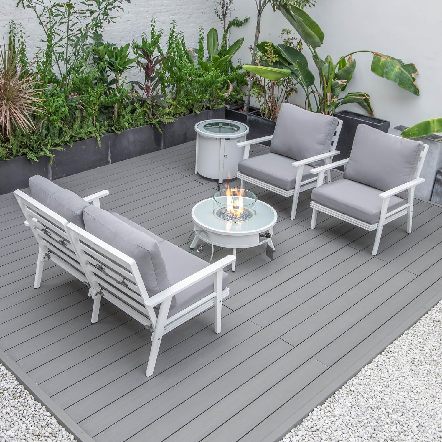 LeisureMod Walbrooke Modern Aluminum 5-Piece Patio Conversation Set with Outdoor Round Firepit Side Table Tank Holder, Grey