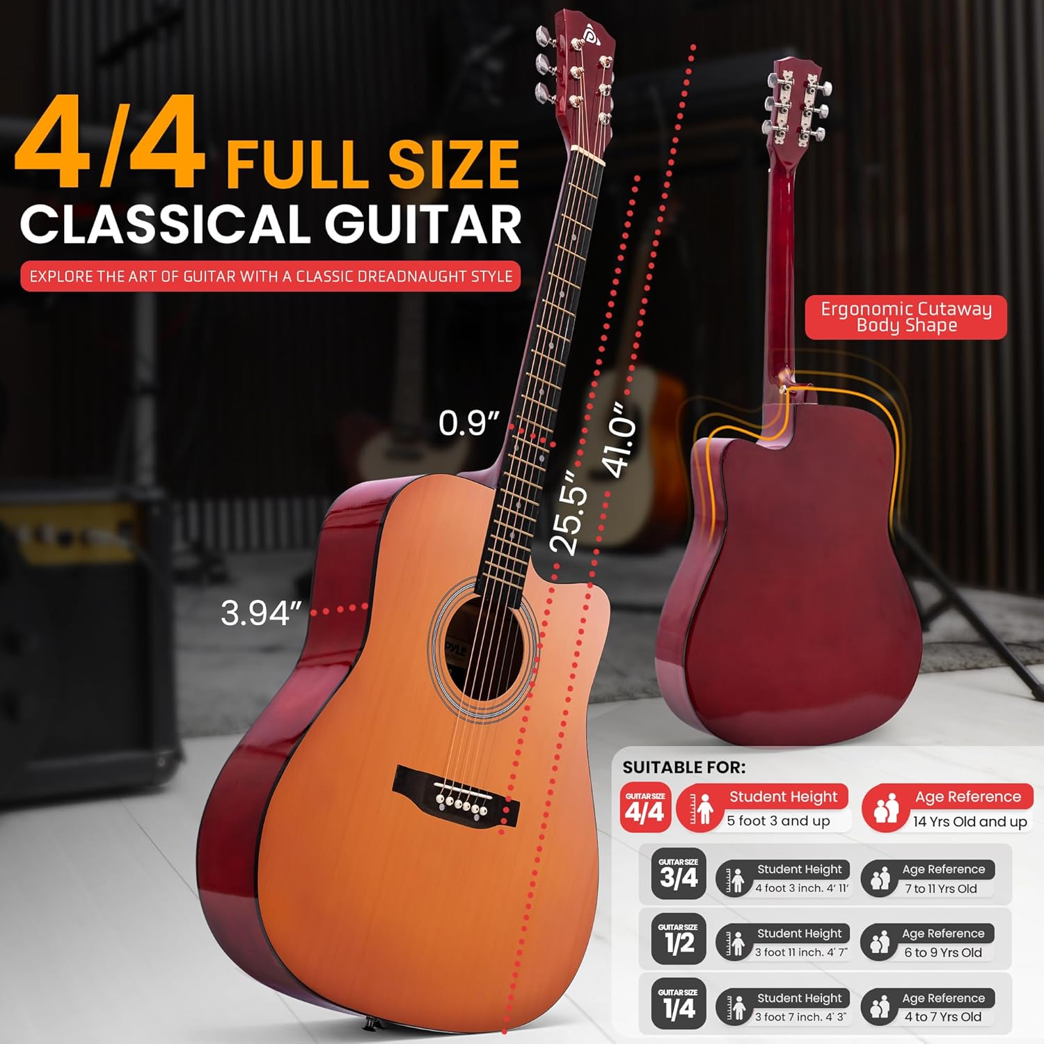 Pyle Steel String Acoustic Guitar Kit, 4/4 Full Size Cutaway All-Wood Guitarra Acustica with Premium Accessory Set and Upgraded Gig Bag, 41