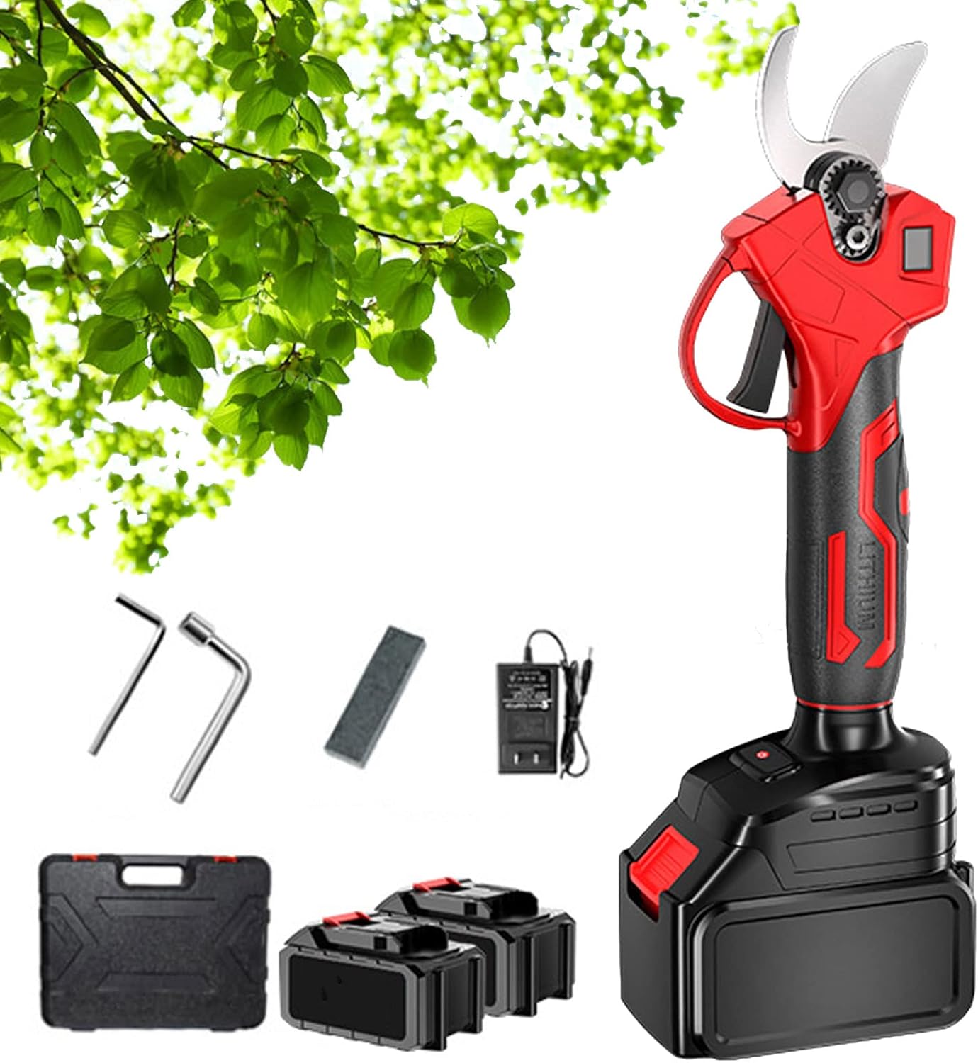 Professional Cordless Electric Pruner LCD Display, Pruning Shears Battery Powe Brushless Motor 2Pack 3Ah Rechargeable Lithium Battery, 60mm Cutting Diameter for Gardening Tree
