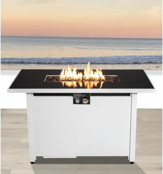 43 Inches White Rectangular Fire Pit with Smoked Glass & Metal Frame – Modern Outdoor Patio Heater for Backyard, Deck (1 Doors)