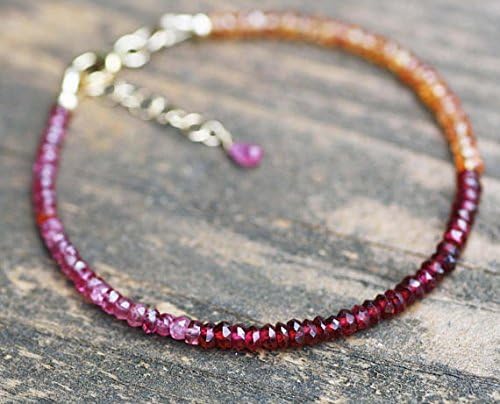 JEWELZ natural padparadscha sapphire, red spinel and rhodolite garnet bracelet in 14k yellow gold filled 2.5-3mm