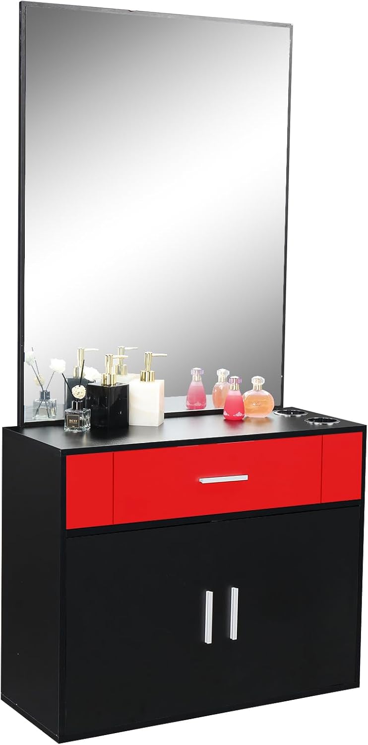 Professional Wall Mounted Hair Styling Station with Mirror, Salon Shelf Cabinet for Tools, Products and Accessories