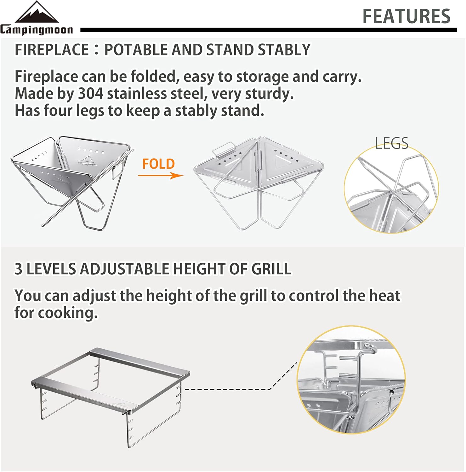 CAMPINGMOON Portable Stainless Steel Wood Burning Grill and Fire Pit 20-inch with Carrying Bag