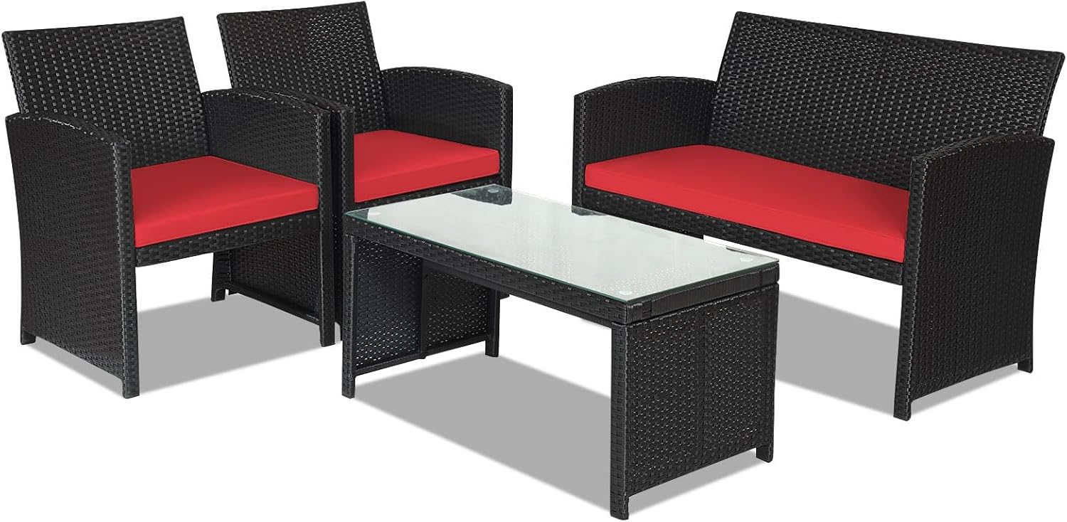 DORTALA 4 Pieces Patio Wicker Conversation Furniture Set, Outdoor Rattan Sofas with Bistro Sets with Coffee Table for Courtyard Balcony Wicker Chairs with Soft Cushion and Table, Red