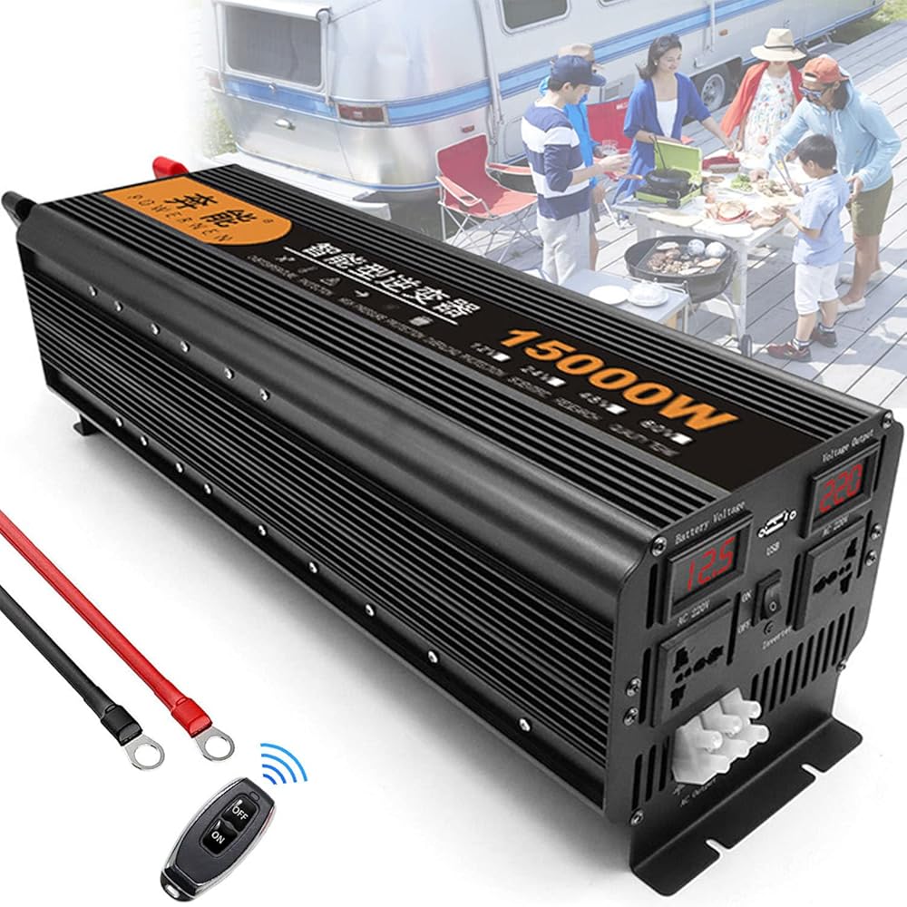 Power Inverter Pure Sine Wave-15000 Watt 12V 24V DC to 220V/230V AC Voltage Converter-2AC Outlets Car Inverter with One USB Port-Remote Control and Two Cooling Fans for RV Truck Car,24V