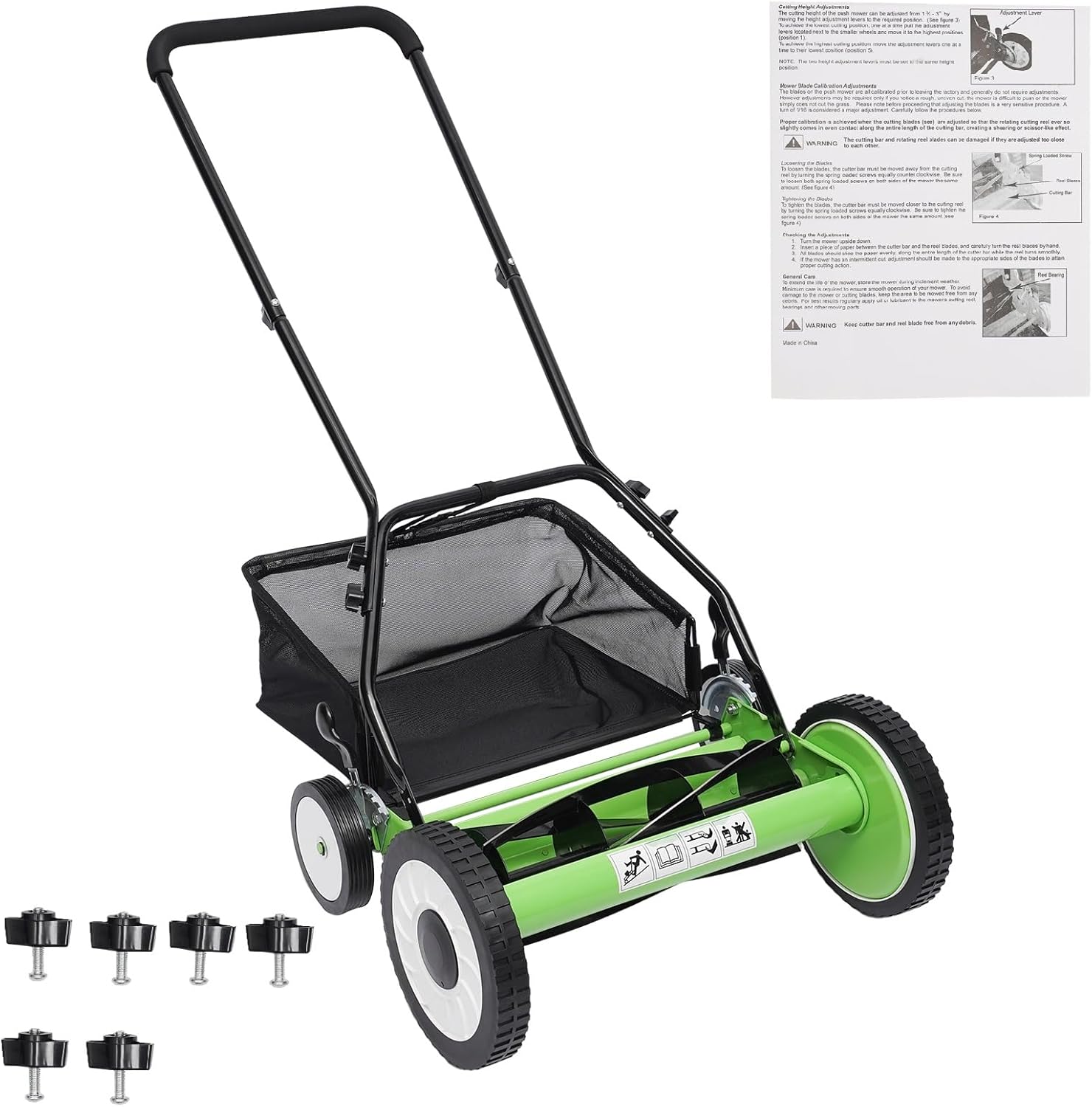 16-inch Cordless Manual Reel Lawn Mower, Walk-Behind Steel Lawn Mowers with 9-Position Cutting Height & Grass Catcher, 5-Blade Push Reel Grass Mower for Garden, Yard and Farm