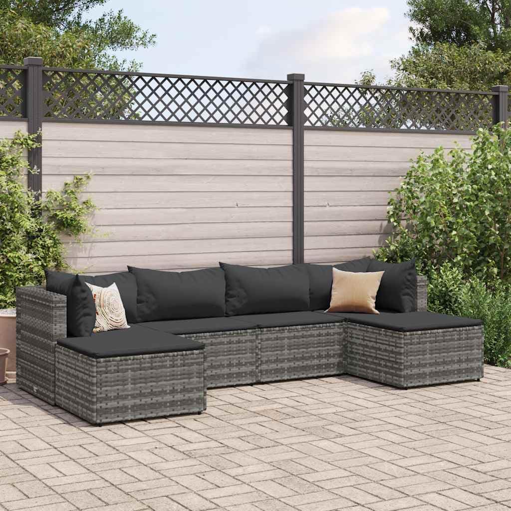 Patio Set 6 Piece Patio Lounge Set with Cushions Gray Poly Rattan
