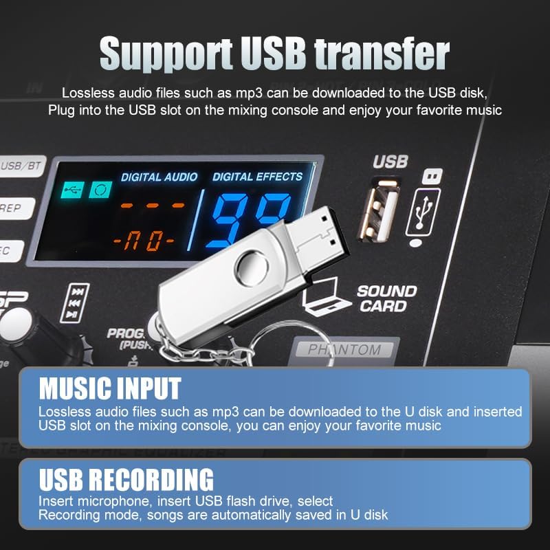 TF400 4-Channel Professional Audio Mixer with 99 DSP Sound with 7 Band Equalizer 4 Ohm 2 * 250 Watt Output +48V Bluetooth Power Amplifier for Recording DJ Stage/Karaoke (TF400)