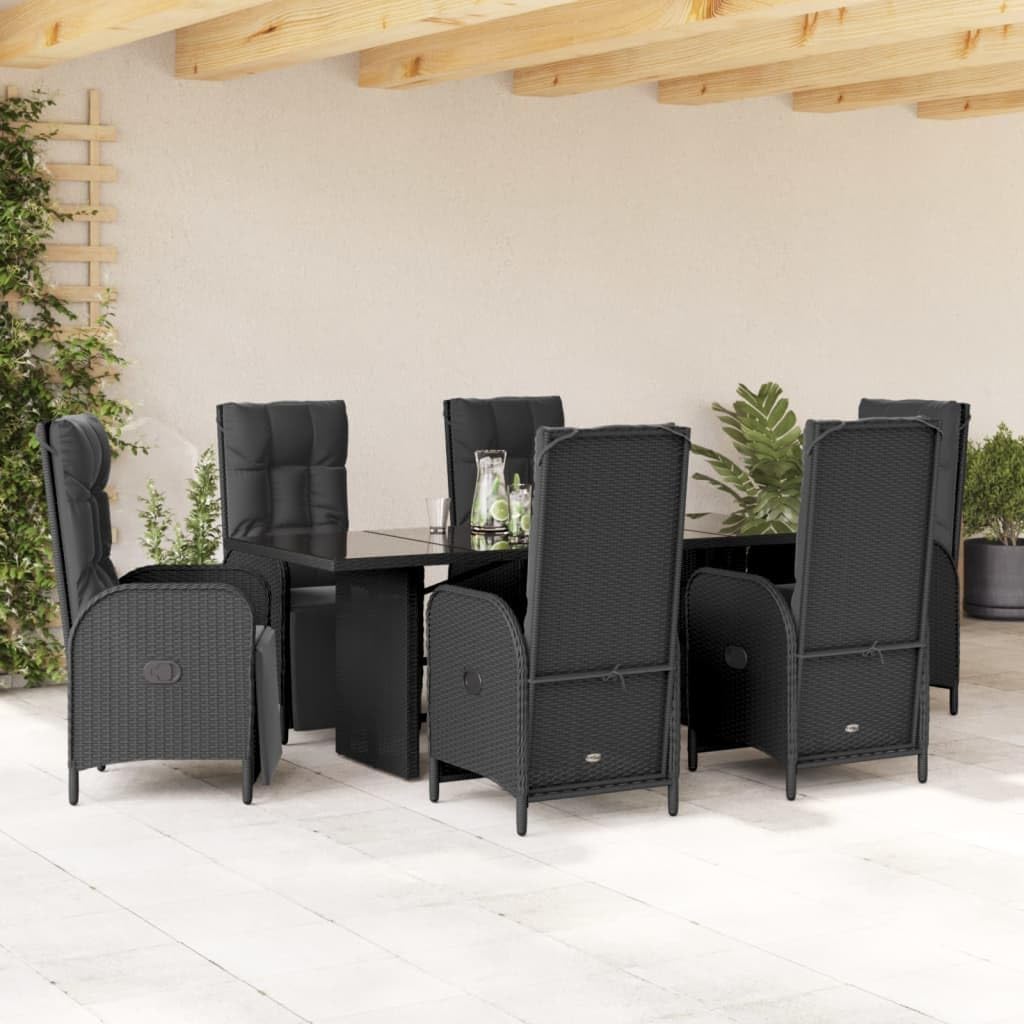 7 Piece Patio Dining Set with Cushions Black Poly Rattan,Outdoor Rattan Dining Set with Adjustable Backrest and Tempered Glass Tabletop for Patio or Garden Furniture Sets for Patio, Lawn & Garden