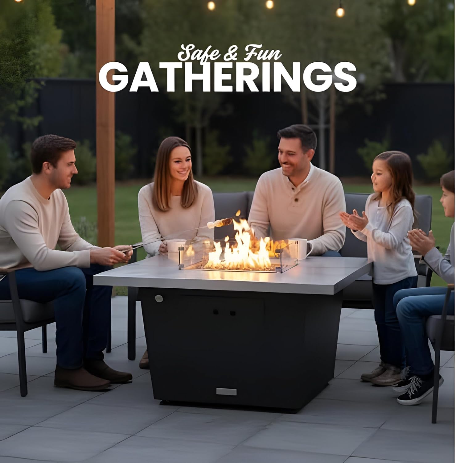 COOKE Palisades Rectangular Fire Pit Table - 52x36 - Chat Height - Propane - Brushed Aluminum Top with 3cm Edge - Beige Powdercoat Base