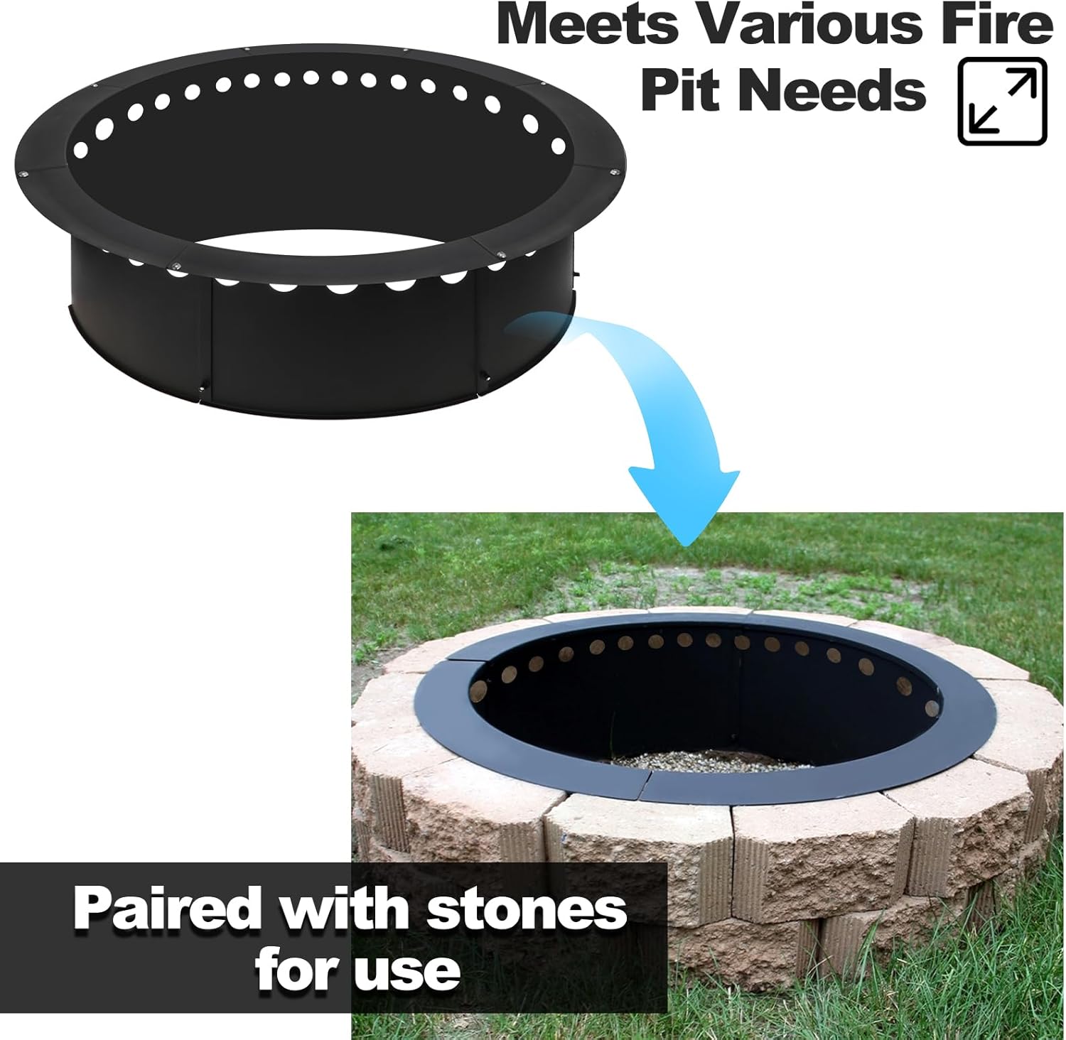 Outdoor Smokeless Large Fire Pit Ring 43 Inch Outer/39 Inch Inner Diameter, Heavy Duty Metal Round Liner Insert for Outside DIY Campfire or Bonfire Ring, Above or In Ground Use