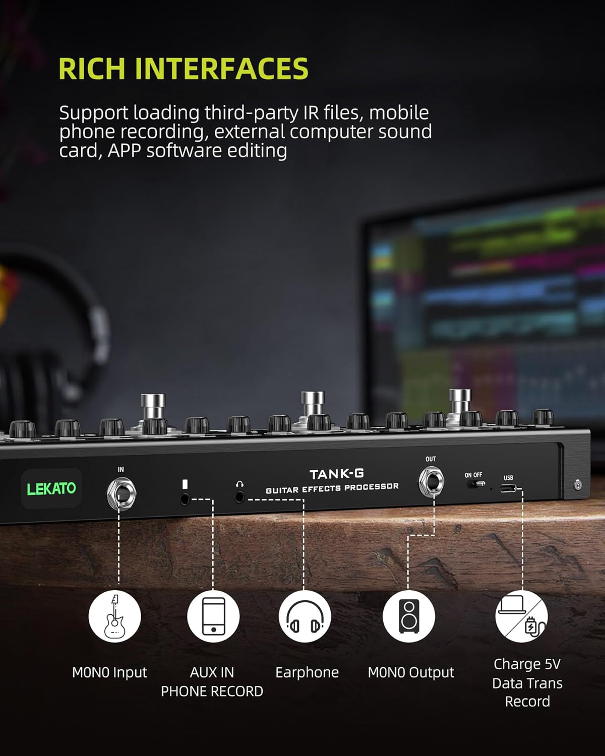 LEKATO Multi Effects Guitar Pedal, Guitar Effects Pedal with 36 Presets, Editable 4 Modules, Amp, Chorus, Delay, Reverb, IR CAB, Tuner, BT Connection, Music Recording