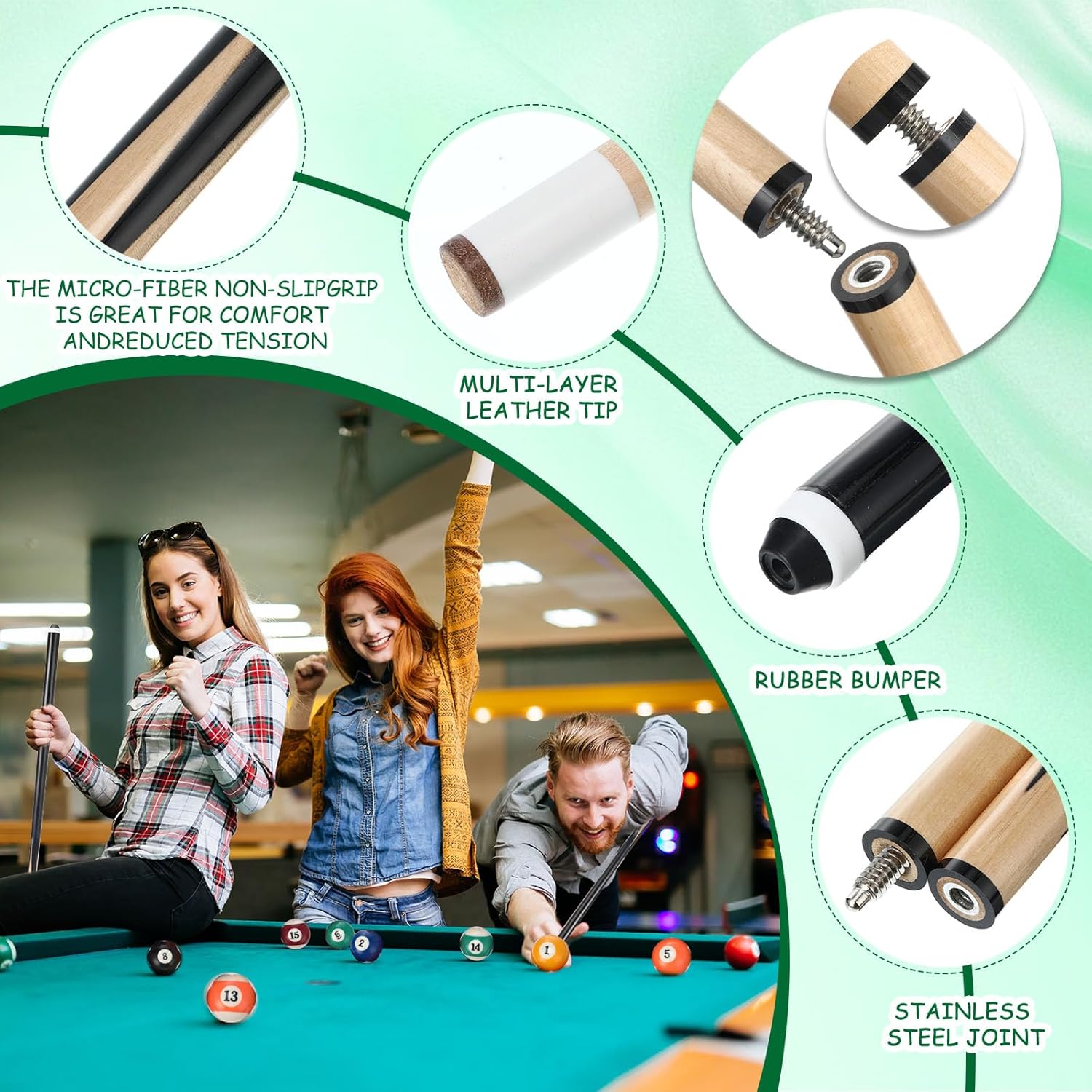 Vinsot 100 Pieces Pool Table Accessories, 16 Billiard Balls, 2 Sets of Pool Cues, Triangular Diamond Ball Rack, Cue Chalk, Cue Heads and Ball Brush Set and Other Billiard Accessories