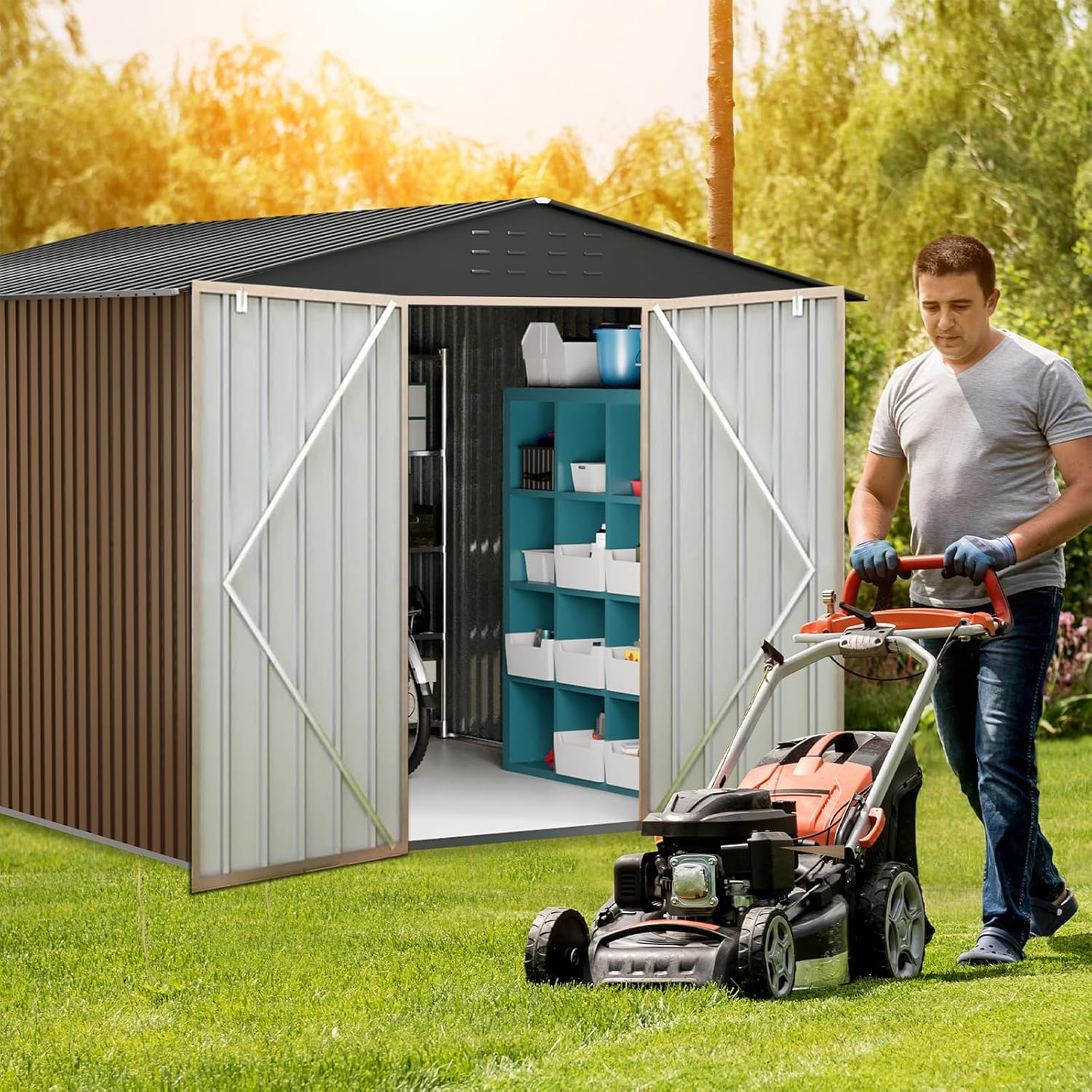 Large Metal Storage Sheds, 8x12 FT Outdoor Storage Shed with Updated Frame Structure, Lockable Doors and Air Vents, Metal Garden Tool Shed for Garden,Backyard,Patio,Lawn, Brown