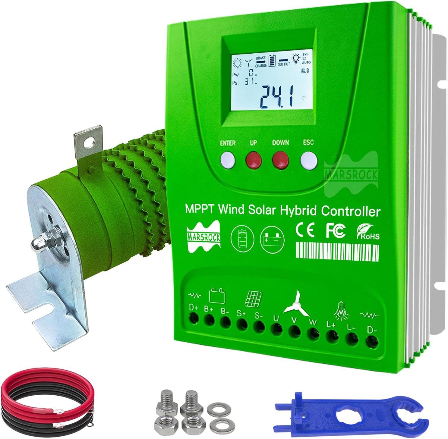 Mars Rock 2000W 12V/24V Auto 0~1000W Wind 0~1000W Solar MPPT Wind Solar Hybrid Controller Pioneer Version Charge Lithium & Lead Acid Gel Battery (Without Bluetooth)