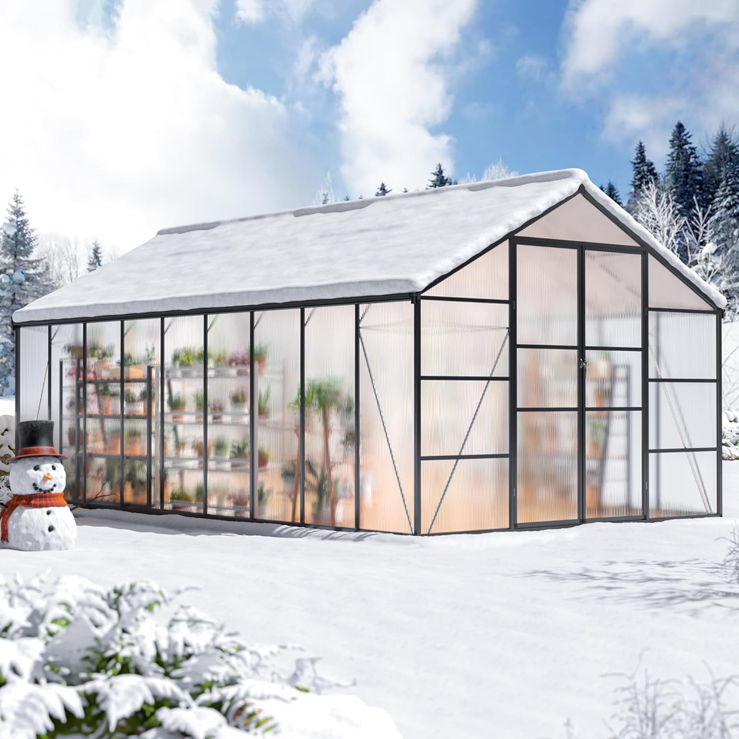 WKM 10x18 FT Greenhouse for Outdoors, Polycarbonate Greenhouse with Quick Setup Structure and Roof Vent, Enhanced Aluminum Green House for Garden Backyard, Black