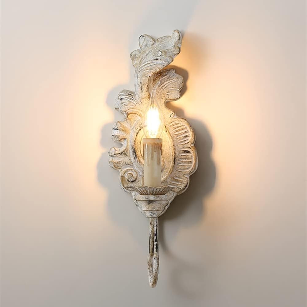 Antique White Wood Farmhouse Wall Sconces French Country Mount Light Candle Style LED Lamp Vintage Bathroom Vanity Lighting Fixture for Bedroom Bedside Living Room Hallway Gallery