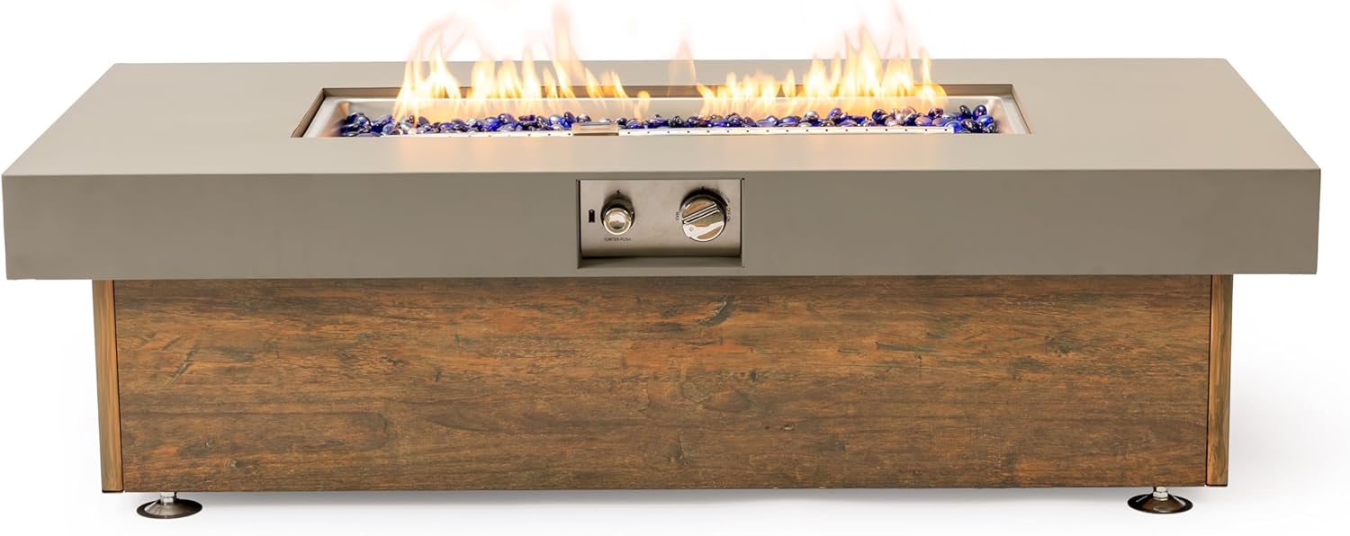 48in Diameter Gas Fire Table Wood Touch Finish Robust Metal Bowl Modern Style Outdoor Heater Propane Flame Easy Use Valve Spacious Top Seating for Six Weather Protected