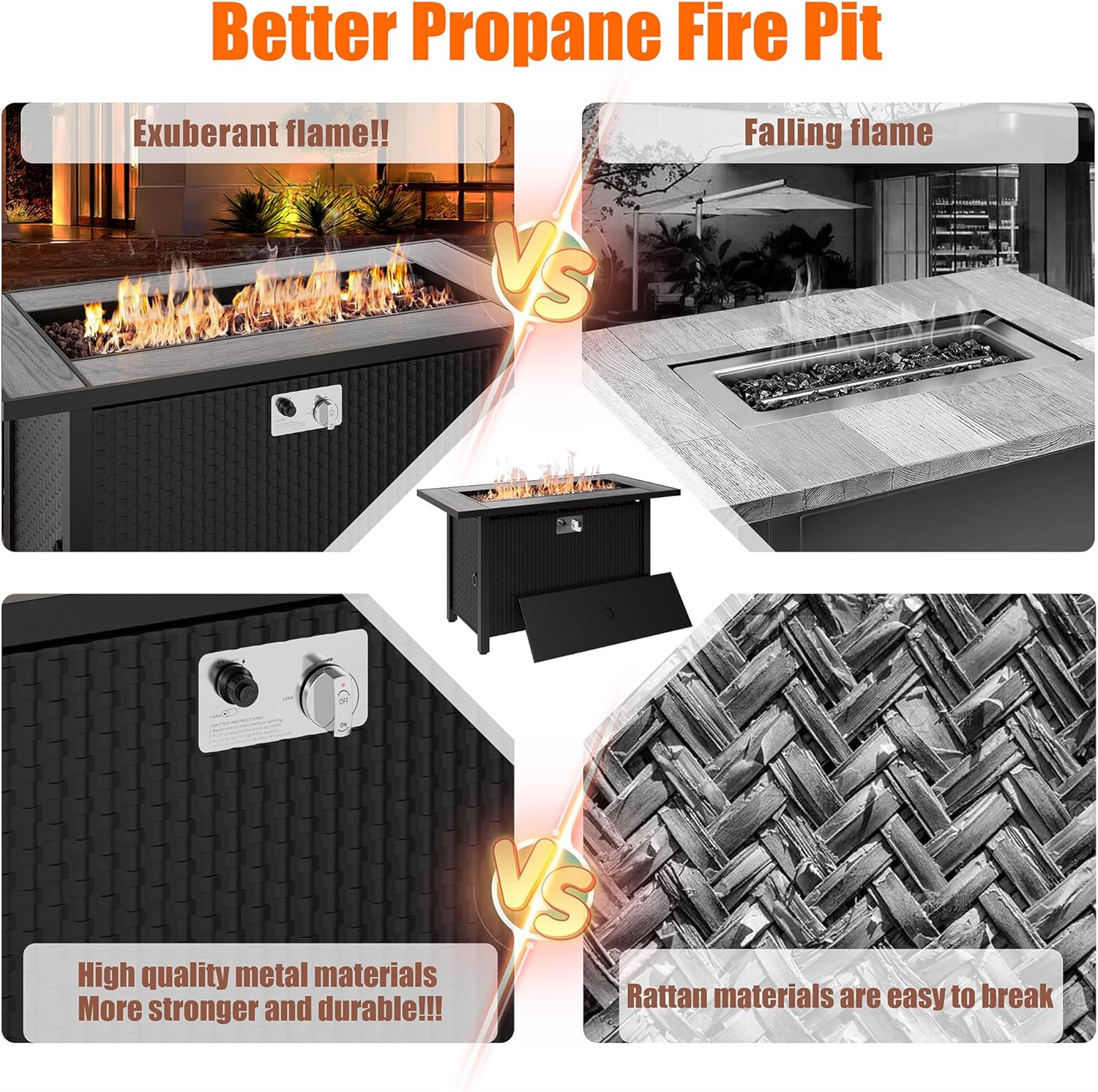 Shintenchi 45 Inch Outdoor Propane Fire Pit 50,000 BTU Gas Fire Pit Table with Lid, Lava Rock, Waterproof Cover, Rectangle Gas Firepit Table for Garden/Patio, CSA Certification