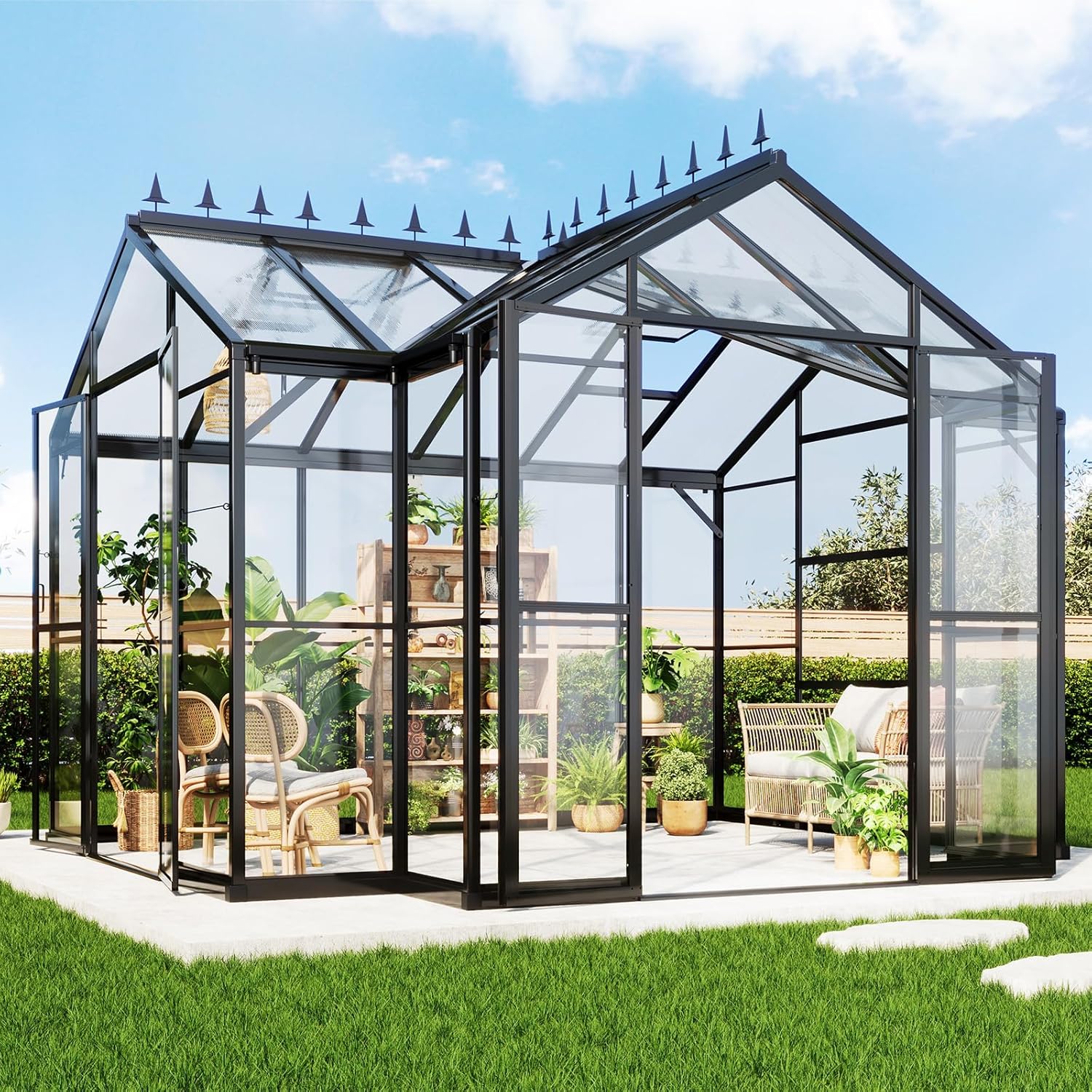 AMERLIFE 12x10x8 FT Hybrid Polycarbonate Greenhouse, Quick-Connect Aluminum Frame with Dual Roof Vents & Double Doors, Walk-in Outdoor Garden Greenhouse with Gutters, Black
