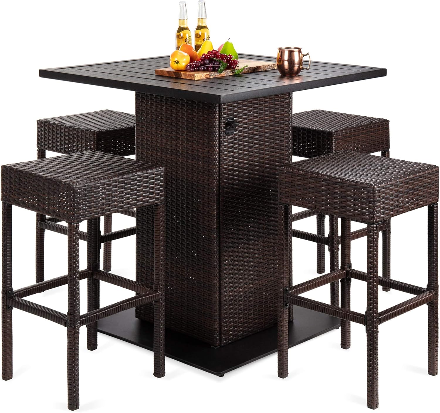 Best Choice Products 5-Piece Outdoor Wicker Bar Table Set for Patio, Poolside, Backyard w/Built-in Bottle Opener, Hidden Storage Shelf, Metal Tabletop, 4 Stools - Brown