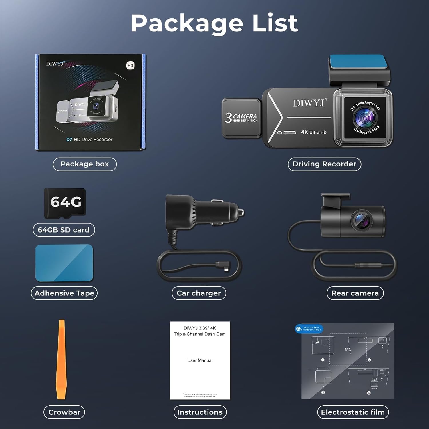 Dash Cam Front and Rear, 4K+2.5K+1080P with 170° Fisheye Lens, Full HD Dash Camera for Cars, 5GHz WiFi, IR Night Vision, WDR, 64GB Card Included, 24/7 Parking Mode, G-Sensor & Loop Recording（D7）