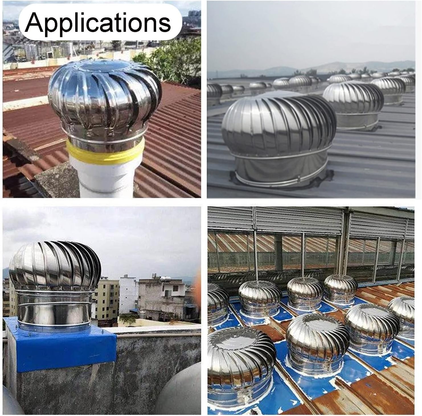 Internally Braced, Wind Turbines Whirlybird Turbines, Cap Vent Round, Can Be Used for Office Space, Public Environment Ventilation and Air Exchange, Smooth Surface (Silver 250mm(10in))