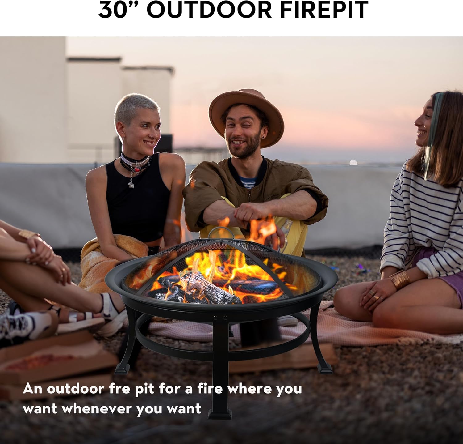 Bestier 30 in Outdoor Wood Burning Fire Pit with Mesh Lid and Fire Picker - Durable Steel Fire Pits for Outside, Fire Pit for Backyard, Porch, Deck, Camping