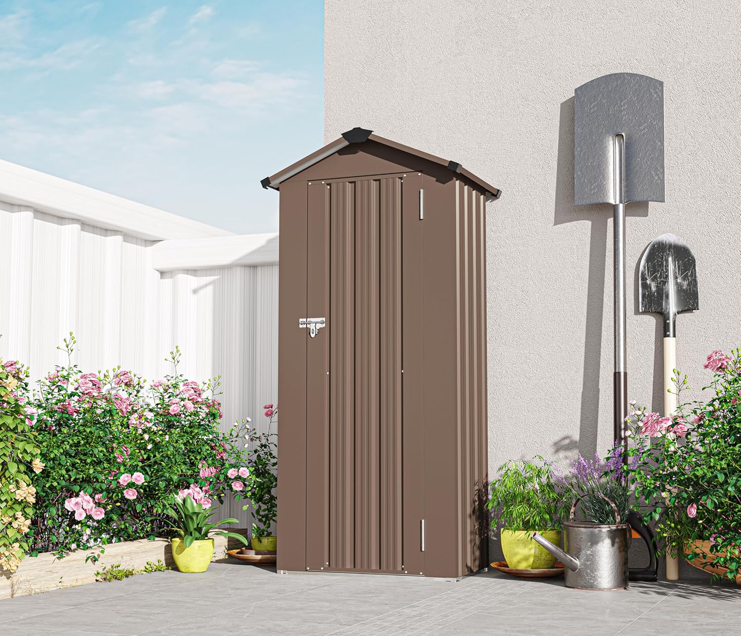 Outdoor Storage Shed, Heavy-Duty Metal Garden Shed with Lockable Door, Waterproof Roof Design, Large Utility Tool Storage for Backyard, Lawn Equipment, Bikes (Brown)