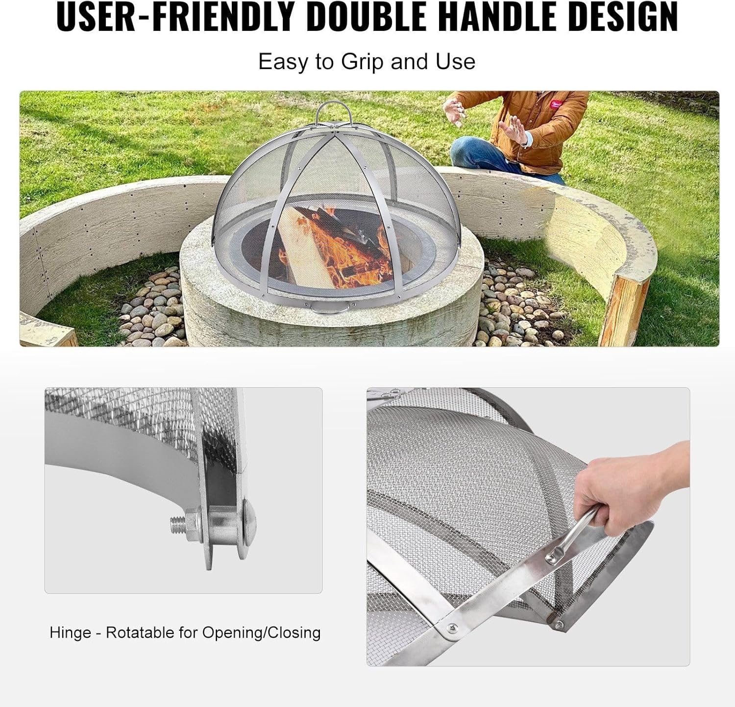 40-Inch Fire Pit Spark Screen Lid,Stainless Steel Firepit Cover with Tight Mesh and Dual Handles,Round Outdoor Fire Pit Accessories for Patio,Backyard Fireplace