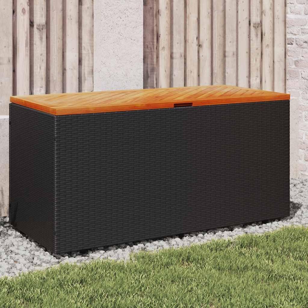 Outdoor Garden Storage Box, Black Poly Rattan Deck Container with Gas Spring Lid, Waterproof Patio Cushion Bin, 43.3 x 19.7 x 21.3 Inch Large Capacity for Pool, Garden & Terrace