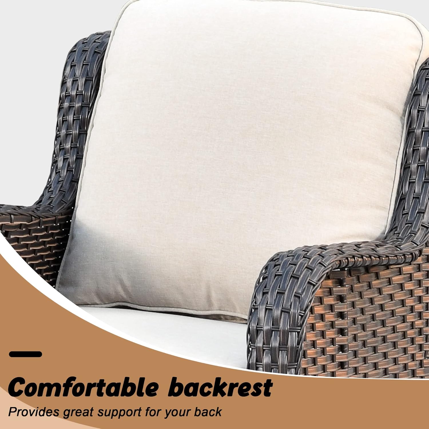 HOOOWOOO Patio Outdoor Furniture Set with Propane Fire Pit Table Swivel Chair,9 Piece Modern Wicker Couch Sofa, Outside Summer Conversation Seating Ottoman Set(Beige Tan)