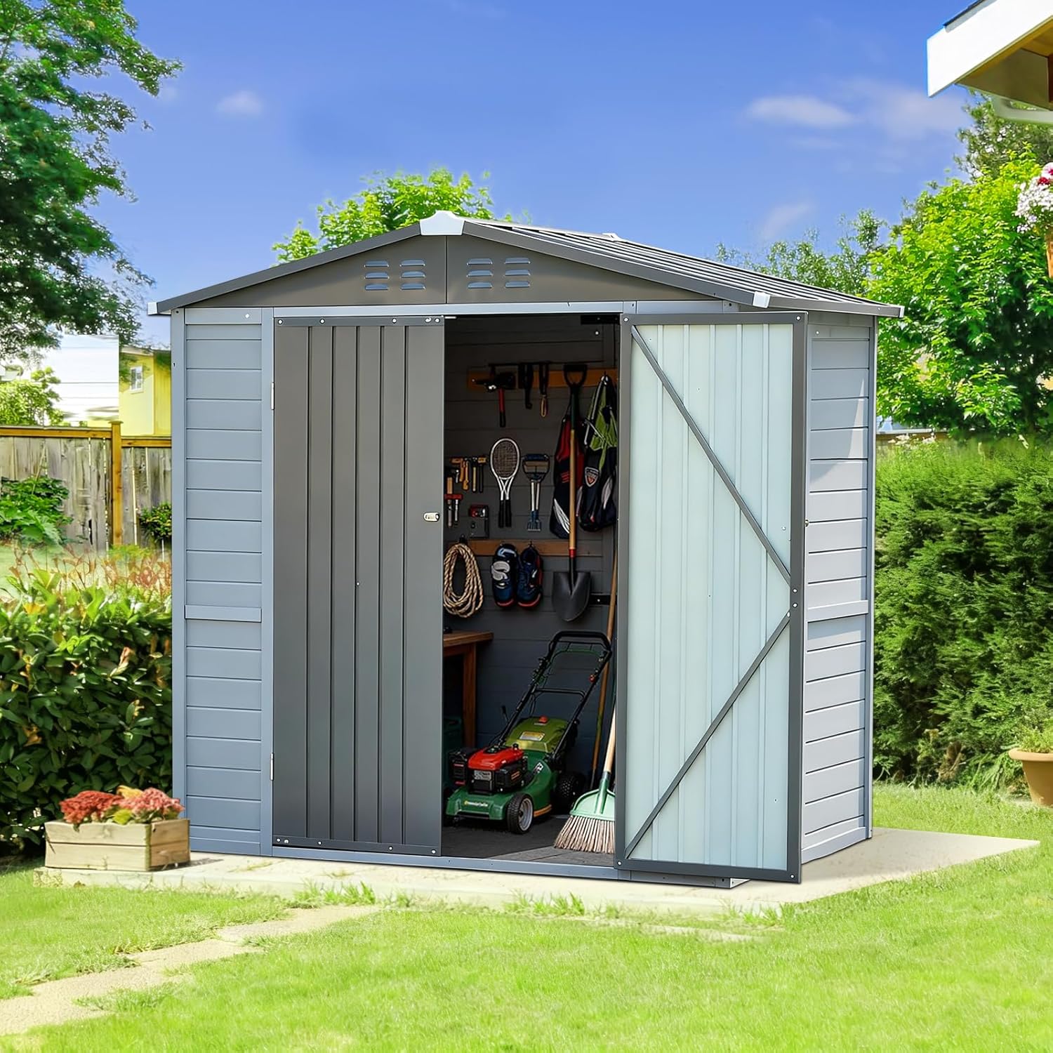 4×6 FT Iron & Wood Storage Sheds Outdoor, Translucent Acrylic Windows with Lockable Door Storage Shed - Waterproof Cedarwood Garden Shed, Patio & Backyard Tool Storage Cabinet Use - Blue Wood/Gray