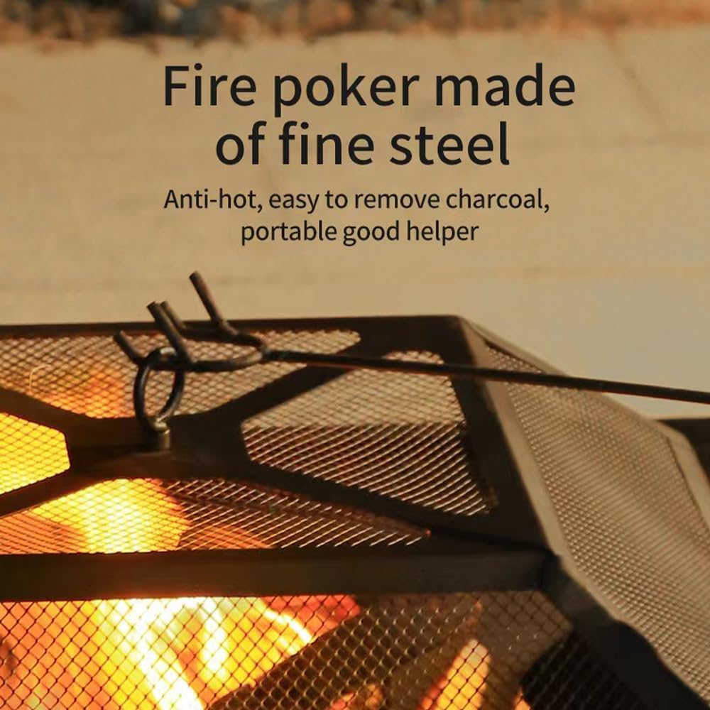 Outdoor Wood Burning Fire Pit 32 Inch, Square Metal Firepit for Outside, Multifunctional Bonfire Fire Pits Table with Mesh Lid and Poker for Backyard Heating, Garden, Patio, Camping, Black