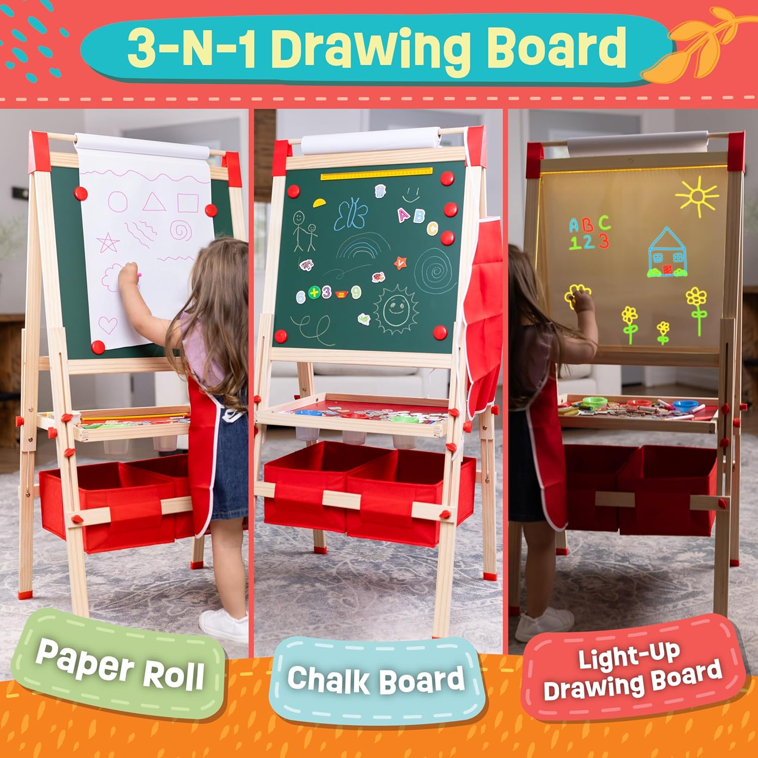 Light Up Easel for Kids 3 -in-1 Magnetic Chalkboard, LED Drawing Board with Adjustable Height and Paper Roll, 86 Accessories – Wooden Art Easel for Kids Ages 4-8 Years Old