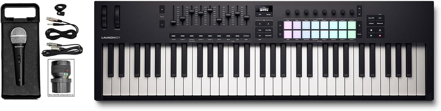 Audiosavings Bundle: Novation LAUNCHKEY 61 MK4 61-Key USB MIDI Ableton Live Keyboard Controller Bundle with Rockville RMC-XLR High-End Metal DJ Handheld Wired Microphone Mic w (2) Cables (2 Items)