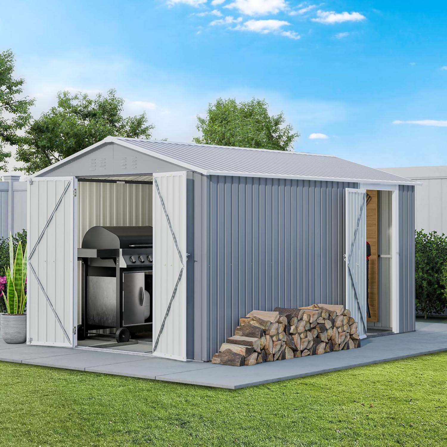 8x12 Ft Heavy-Duty Metal Outdoor Storage Shed, Dual Lockable Doors, Waterproof Floor Frame & All-Weather Protection (8'x12')