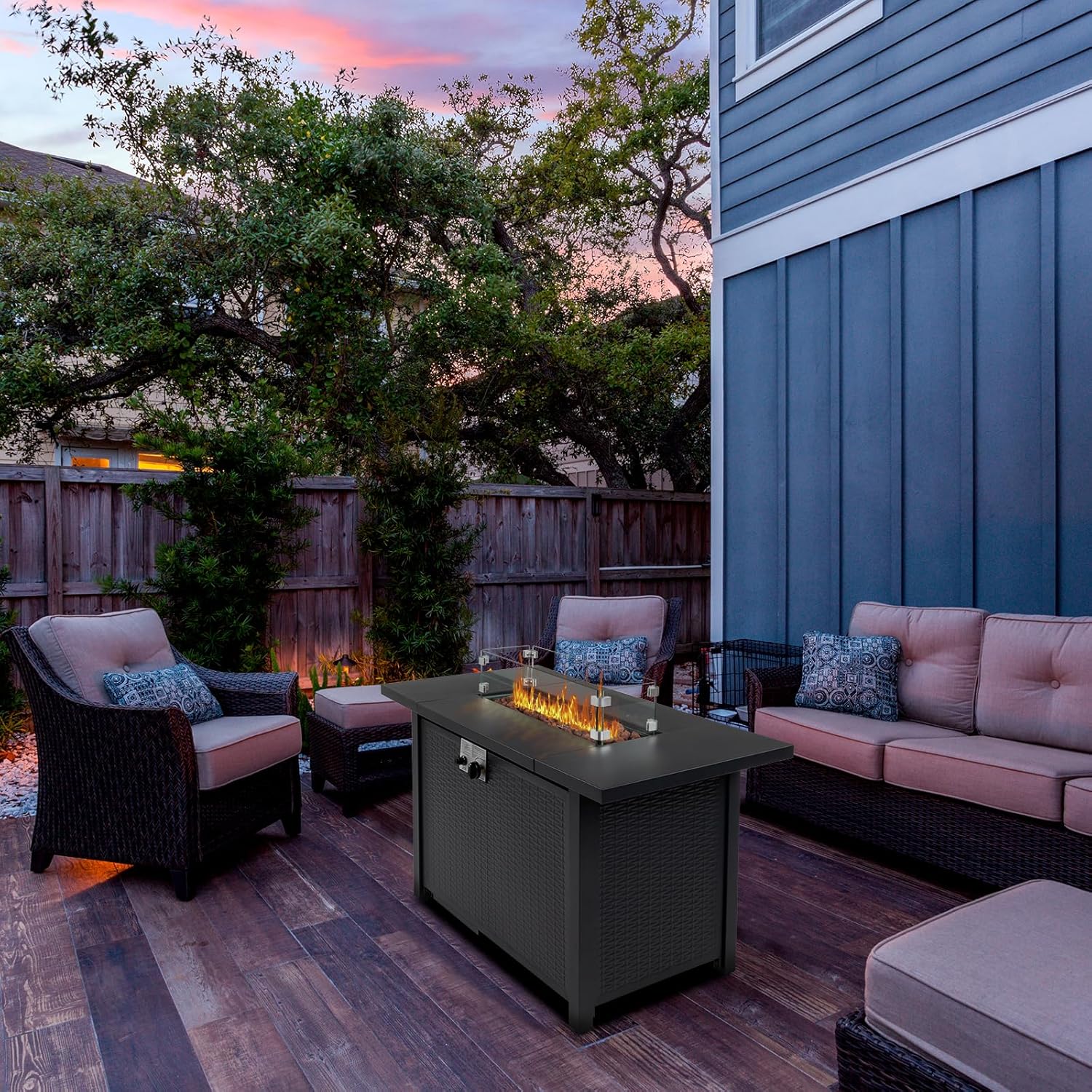 43-Inch Propane Fire Pit Table Outdoor Firepit with Glass Wind Guard and Lava Rock, 50000 BTU Gas Fire Pits for Gatherings Parties On Patio Deck Garden Backard (Black)