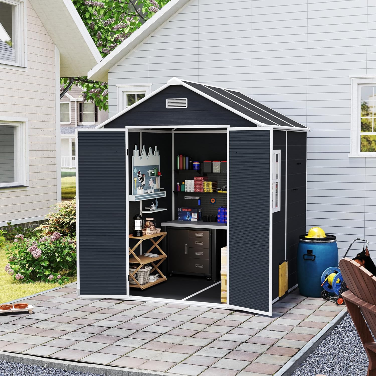 Resin Storage Shed 6x6ft, Outdoor Storage Sheds with Floor, Window, Lockable Doors and Vents, 12mm Thick pp Board, Tool Shed for Bike, Garden, Backyard, Lawn (Dark Gray, 6 * 6ft)
