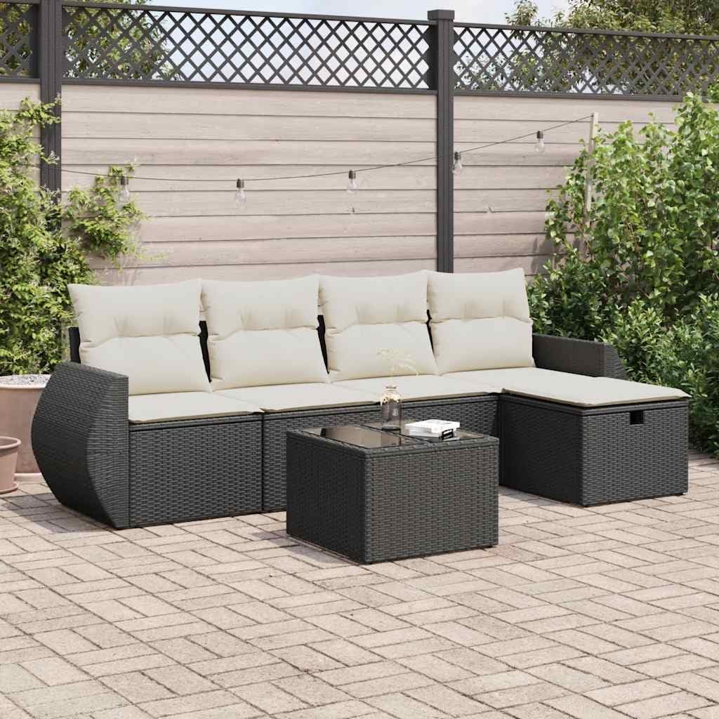 6-Piece Modular Garden Sofa Set with Adjustable Feet, Black PE Rattan Outdoor Furniture, Water Resistant Cushions and Integrated Storage for Patio