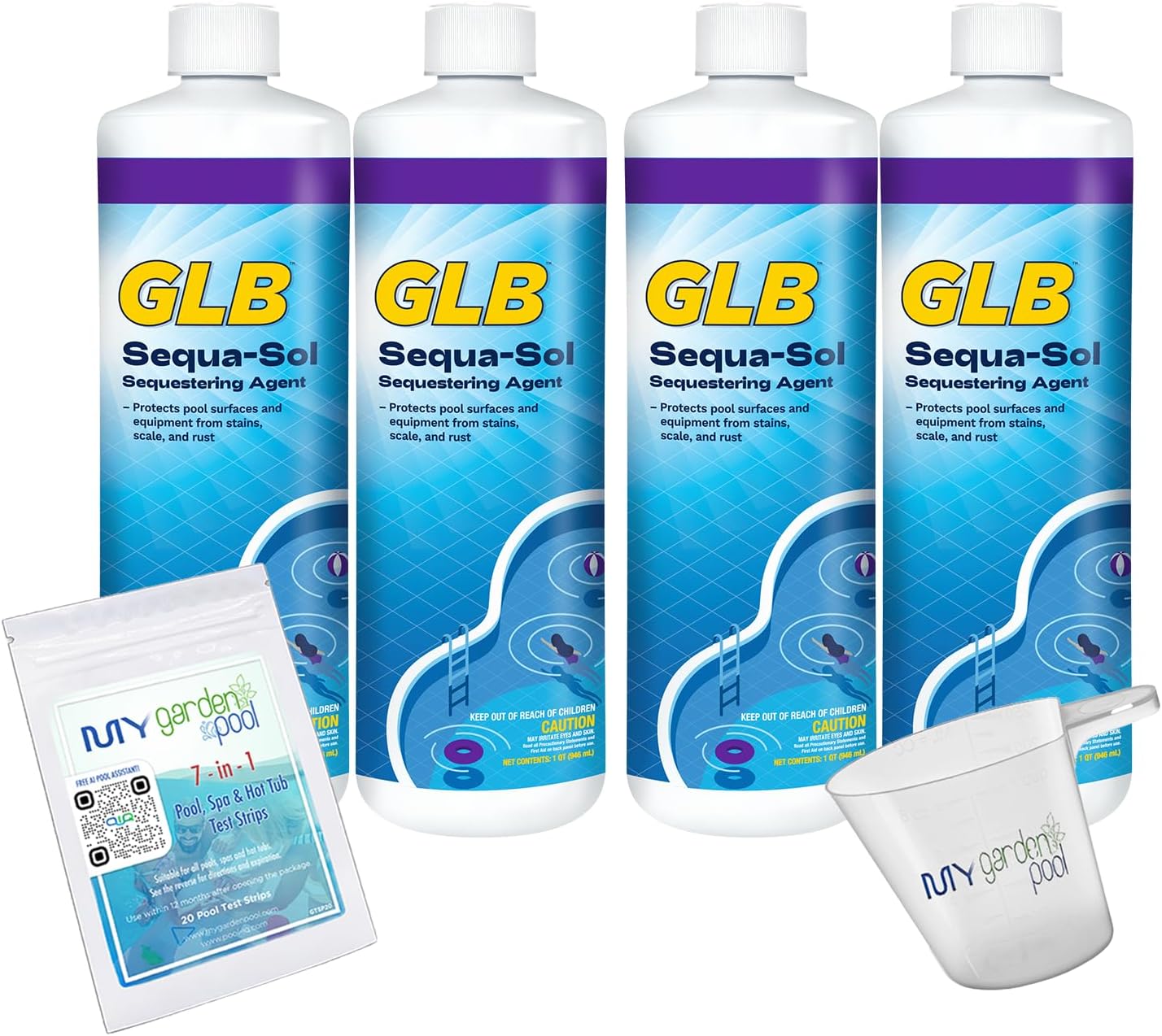 GLB Sequa-Sol 32 FL OZ (71016A) Pool Metal Control Solution with My Garden Pool Measuring Cup & 7-in-1 Test Kit, 4-Pack