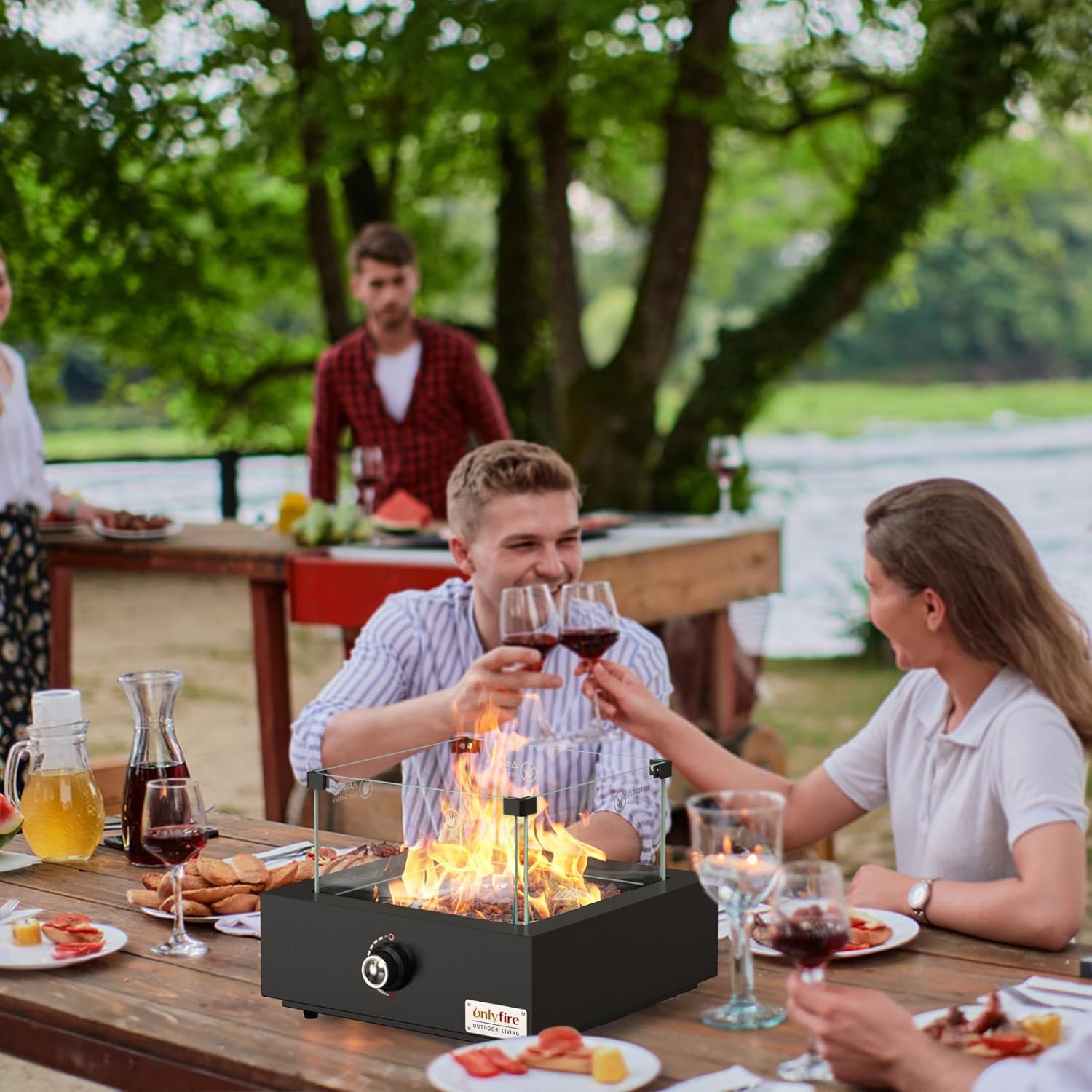 ONLYFIRE OUTDOOR LIVING Gas Fire Pit Bottom-Mounted for Table with Umbrella Hole, Portable Tabletop Smokeless Firepit with Wind Guard, Propane Firepit for Patio Camping RV Tailgating, Square FP041